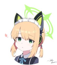 1girl absurdres animal_ear_headphones animal_ears aqua_bow aqua_bowtie black_dress blonde_hair blue_archive bow bowtie cat_ear_headphones cat_ears chinese_commentary collared_dress commentary_request contrast_collar cropped_shoulders dated dress duochichufanghuashengmi eyes_visible_through_hair fake_animal_ears green_eyes green_halo hair_bow halo headphones heart highres light_blush looking_at_viewer low_twintails maid making-of_available medium_hair midori_(blue_archive) midori_(maid)_(blue_archive) mixed-language_commentary official_alternate_costume official_alternate_hairstyle parted_bangs parted_lips portrait short_twintails sidelocks signature simple_background solo twintails white_background