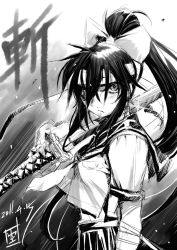 1girl bandages bow breasts dated greyscale hair_bow hair_over_one_eye headband inoue_sora katana long_hair mitsurugi_ryouko monochrome over_shoulder ponytail real_bout_high_school school_uniform serafuku signature small_breasts sword very_long_hair weapon