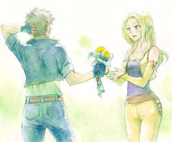 1boy 1girl belt blonde_hair blue_jacket blue_pants blue_shirt celes_chere couple da-vesita detached_sleeves final_fantasy final_fantasy_vi fingerless_gloves gloves jacket locke_cole long_hair no_headwear pants shirt short_hair yellow_jacket yellow_pants