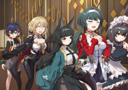 Rule 34 | 463 jun, 5girls, absurdres, animal ears, astra yao, belle (zenless zone zero), black coat, black dress, black gloves, black hair, black necktie, black pants, black shirt, black skirt, black thighhighs, blank eyes, blonde hair, blue hair, brown eyes, closed eyes, coat, coat on shoulders, colored inner hair, commentary request, dress, ellen joe, evelyn chevalier, fins, fish tail, fox ears, fox girl, gloves, green eyes, green jacket, grey skirt, hair ornament, hairband, highres, hoshimi miyabi, indoors, jacket, jacket on shoulders, letter hair ornament, long skirt, long sleeves, maid headdress, multicolored hair, multiple girls, necktie, open mouth, pants, red eyes, red hair, shark girl, shark tail, shirt, side slit, single thighhigh, skirt, sleeveless, sleeveless jacket, sleeveless shirt, tail, thighhighs, two-tone hair, white dress, white hairband, white shirt, yellow necktie, zenless zone zero