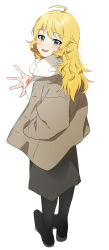 1girl absurdres ahoge black_boots black_skirt blonde_hair blush boots brown_jacket from_behind full_body green_eyes hand_in_pocket hand_up highres hoshii_miki idolmaster idolmaster_(classic) jacket katsu_(kana) long_hair long_sleeves looking_at_viewer looking_back open_mouth scarf simple_background skirt smile solo standing white_background white_scarf