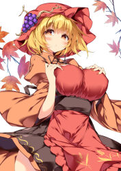 1girl aki_minoriko blonde_hair breasts hat highres large_breasts sakurame short_hair simple_background solo touhou white_background
