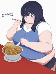 Rule 34 | 1girl, belly press, black hair, blue camisole, blue eyes, blush, breasts, camisole, chopsticks, eating, fat, fat woman, food, gridman universe, highres, holding, holding chopsticks, holding spoon, large breasts, masakin, medium hair, midriff, muffin top, noodles, ramen, shirt, skirt, smile, solo, spoon, ssss.gridman, takarada rikka, thick arms, tight clothes, twitter username, white background, white shirt