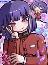 1boy blush chibi closed_mouth english_text heart highres knife looking_at_viewer male_focus matching_hair/eyes needle purple_eyes purple_hair simple_background smile solo the_hundred_line_-last_defense_academy- tsukumo_ima upper_body