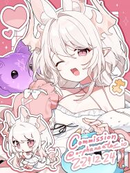 1girl :d animal_ear_fluff animal_ears bare_shoulders blush breasts commentary commission dated detached_sleeves dragon_girl dragon_horns dress english_commentary extra_ears frilled_dress frills hair_between_eyes hair_intakes halterneck hand_up heart highres horns long_hair one_eye_closed open_mouth original orphaneater_io outline pink_background pink_eyes pink_sleeves pointy_ears sidelocks sleeve_bow sleeves_past_wrists slit_pupils small_breasts smile teeth twitter_username upper_teeth_only white_dress white_hair white_outline