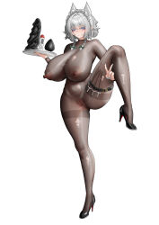 1girl absurdres alternate_breast_size_(larger) anus belt black_belt black_shoes blue_eyes blue_nails bodystocking bow breasts brown_bodystocking butt_plug cleavage dildo full_body green_bow grey_hair high_heels highres holding holding_tray huge_breasts huge_dildo impossible_bodystocking izayoi_sakuya lotion_bottle lube maid_headdress nail_polish nipples puffy_nipples pussy sex_toy shoes short_hair simple_background solo standing standing_on_one_leg thigh_belt thigh_strap thighband_bodystocking torn_bodystocking torn_clothes touhou tray unworn_butt_plug user_ckkx8884 v white_background