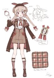 1girl argyle_clothes argyle_socks braid brown_coat brown_hair brown_hat brown_shoes brown_shorts brown_socks capelet chestnut_mouth coat collared_shirt commentary_request deerstalker detective full_body gloves hair_ornament hairclip hand_up hat highres holding holding_magnifying_glass long_hair long_sleeves looking_at_viewer magnifying_glass natori_sana natori_sana_(detective_agency_head) official_art open_clothes open_coat open_mouth plaid_capelet plaid_clothes red_eyes reference_sheet saekiyahiro sana_channel shirt shoes shorts signature simple_background socks solo standing suspender_shorts suspenders translation_request twin_braids virtual_youtuber white_background white_gloves white_shirt