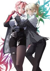 blonde_hair blue_eyes blush breasts hair_between_eyes hairband head_wings high-waist_shorts highres hololive kazama_iroha long_sleeves looking_at_viewer necktie pantyhose pink_hair ponytail puffy_sleeves shirt shorts takane_lui takane_lui_(1st_costume) tanishi_(hetianming11093) virtual_youtuber white_shirt wings