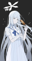 1girl absurdres bandaged_arm bandages black_background blue_archive blue_neckerchief grey_eyes hair_ornament halo highres holding holding_skewer long_hair long_skirt looking_at_viewer nagusa_(blue_archive) neckerchief rena_(rena_emc2) school_uniform serafuku shirt short_sleeves simple_background skewer skirt snowflake_hair_ornament solo very_long_hair white_hair white_serafuku white_shirt white_skirt