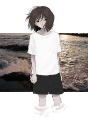 Rule 34 | 1girl, black eyes, brown hair, highres, looking to the side, ocean, original, photo background, popocna, shirt, short sleeves, shorts, solo, t-shirt, wading, water