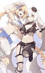 2girls :d anchor_choker asymmetrical_clothes asymmetrical_pants black_gloves black_headwear black_shirt blonde_hair blue_eyes blue_skirt blush boot_straps breasts choker cleavage dolphin fate/grand_order fate_(series) fingerless_gloves gloves hat highres jeanne_d&#039;arc_(fate) jeanne_d&#039;arc_(mystery_treasure)_(fate) jeanne_d&#039;arc_(ruler)_(fate) jeanne_d&#039;arc_alter_(fate) jeanne_d&#039;arc_alter_(mystery_treasure)_(fate) large_breasts long_braid long_hair looking_at_viewer midriff mini_hat multiple_girls mystery_treasure navel no-kan official_alternate_costume open_mouth pants shirt silver_hair single_pantsleg skirt sleeveless sleeveless_shirt smile thighhighs tilted_headwear torn_clothes torn_pants twintails underboob very_long_hair white_choker white_gloves white_headwear white_legwear white_shirt yellow_eyes
