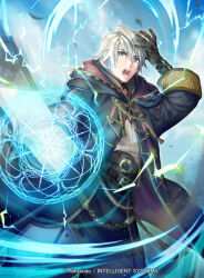 Rule 34 | 1boy, book, casting spell, commentary request, company name, fire emblem, fire emblem awakening, fire emblem cipher, gloves, grey eyes, holding, holding book, hood, hood down, hooded coat, magic, magic circle, male focus, male robin (fire emblem), nintendo, official art, open book, p-nekor, short hair, solo, white hair