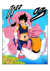 2boys absorption assimilation colored_skin dragon_ball dragonball_z earrings erection fellatio jewelry licking looking_at_another majin_buu majinbuusama male_focus middle_finger multiple_boys oral outdoors penis pink_skin potara_earrings red_eyes super_buu testicles tongue vegetto yaoi