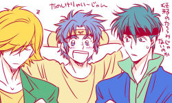 Rule 34 | 3boys, blonde hair, blue eyes, blue hair, blush, closed eyes, collarbone, date seiji, hair over one eye, hashiba touma, headband, male focus, multiple boys, open mouth, ronin warriors, short hair, shue rei fuan, sisido (black candy), translation request, upper body, wristband, yoroiden samurai troopers