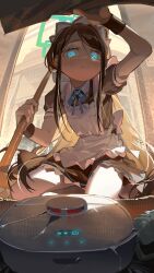 1girl absurdres apron aris_(blue_archive) aris_(maid)_(blue_archive) black_dress black_hair blue_archive blue_eyes dress glowing glowing_eyes halo highres holding holding_mop kneeling long_hair maid maid_apron maid_headdress mop official_alternate_costume omurice_(304975636) robotic_vacuum_cleaner short_sleeves sidelocks teardrop very_long_hair white_apron wrist_cuffs