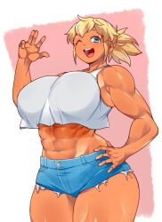 1girl abs biceps blonde_hair blue_eyes blue_shirts breasts crop_top cutoffs dark-skinned_female dark_skin hand_on_own_hip hanzo_(2929) large_breasts midriff muscular muscular_female navel one_eye_closed open_mouth original ponytail shirt short_shorts shorts solo standing tan tank_top waving white_shirt wink