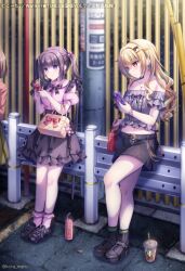 Rule 34 | 3girls, ahoge, bag, bare shoulders, black hair, black skirt, blonde hair, blush, bow, breasts, brown eyes, brown hair, cellphone, closed mouth, collarbone, copyright notice, crop top, cropped shirt, cup, frills, green skirt, grey shirt, hair between eyes, hair ornament, handbag, holding, holding phone, jewelry, kouta., lamppost, long hair, looking at phone, midriff, multiple girls, navel, necklace, night, original, outdoors, phone, pink shirt, purple eyes, red shirt, shirt, short hair, skirt, smartphone, twintails, twitter username