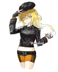 Rule 34 | 1girl, ashikaga chachamaru, belt, belt buckle, black belt, black gloves, black hat, black jacket, blonde hair, brown shorts, buckle, buttons, collared jacket, cropped jacket, fingerless gloves, flat cap, gloves, hand on headwear, hand up, hat, highres, holding, holding unworn clothes, holding unworn hat, jacket, long hair, long sleeves, midriff, multiple wristbands, navel, open hand, pandemonic planet (wmzplanet), removing hat, short shorts, shorts, smirk, solo, soukou akki muramasa, unworn hat, unworn headwear, wristband, yellow eyes