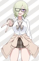 1girl absurdres blonde_hair bow bowtie bracelet breasts cardigan cardigan_around_waist cleavage clothes_around_waist collar collared_shirt glasses gyaru highres jewelry looking_at_viewer love_live! love_live!_nijigasaki_high_school_idol_club mia_taylor miniskirt one_eye_covered open_mouth purple_eyes ryusei_(coupling_maker) shirt skirt v
