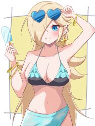 Rule 34 | 1girl, bikini, blonde hair, blue eyes, breasts, cleavage, earrings, food, highres, jewelry, large breasts, long hair, mario (series), navel, nintendo, pale skin, popsicle, rosalina, simple background, solo, sunglasses, super mario galaxy, swimsuit, yass 8mk, yassrosalina