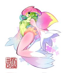 Rule 34 | 1girl, artist logo, breasts, digimon, digimon (creature), fairy, full body, green hair, green leotard, highres, leotard, lilamon, logo, medium breasts, simple background, solo, watermark, white background, youzaiyouzai112