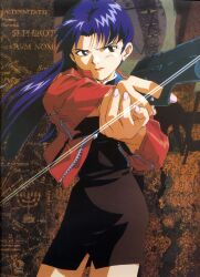 Rule 34 | 1girl, breasts, ear piercing, gun, highres, holding, holding gun, holding weapon, jacket, katsuragi misato, lilith (evangelion), lipstick, makeup, neon genesis evangelion, official art, piercing, purple hair, red jacket, sadamoto yoshiyuki, scan, weapon