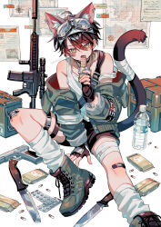 Rule 34 | 1boy, absurdres, ahoge, animal ear fluff, animal ears, bandaged leg, bandaged tail, bandages, bandaid, bandaid on knee, bandaid on leg, bare shoulders, black gloves, black shorts, blush, boots, bottle, brown hair, cat boy, cat ears, cat tail, commentary request, eating, fingerless gloves, food, foot out of frame, gloves, goggles, goggles on head, green boots, green eyes, green jacket, gun, hair between eyes, highres, holding, holding food, jacket, knife, lace-up boots, long sleeves, looking at viewer, loose socks, male focus, multiple thigh straps, off shoulder, open clothes, open jacket, open mouth, original, short hair, shorts, simple background, sitting, socks, solo, suzaku (zaku6584), tail, tank top, water bottle, weapon, white background, white socks, white tank top