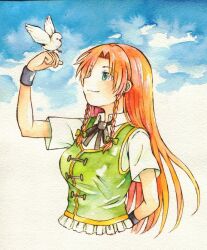 1girl arm_behind_back bird bird_on_hand black_bow black_bowtie blue_eyes bow bowtie braid closed_mouth collared_shirt commentary_request green_vest hijiki_(hijiri_st) hong_meiling light_smile long_hair no_headwear red_hair shirt solo touhou traditional_media twin_braids very_long_hair vest white_bird white_shirt