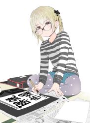 1girl black-framed_eyewear blonde_hair blue_shorts closed_mouth commentary_request expressionless full_body glasses grey_shirt highres holding holding_brush kinomoto_(nazonoinu) long_sleeves medium_hair no_shoes original pantyhose pantyhose_under_shorts paper print_pantyhose purple_pantyhose red_eyes shirt shorts sitting solo star_(symbol) star_print striped_clothes striped_shirt twintails two-tone_shirt white_shirt writing