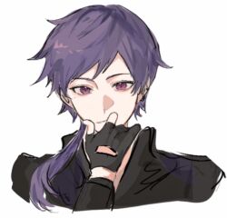 Rule 34 | 1boy, black gloves, black shirt, chinese commentary, commentary request, cropped torso, duzhanjiekedewenrou, ensemble stars!, expressionless, fushimi yuzuru, gloves, grey background, hair over shoulder, hand on own chin, long hair, low ponytail, male focus, mole, mole under eye, parted lips, partially fingerless gloves, ponytail, purple eyes, shirt, simple background, solo, turtleneck, turtleneck shirt