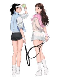 2girls absurdres ball black_hair black_shorts blue_jacket brown_eyes brown_hair closed_mouth commentary genderswap genderswap_(mtf) haotmeal hat highres holding holding_ball holding_tennis_racket jacket k-pop letterman_jacket long_hair multiple_girls pink_sweater pleated_skirt ponytail real_life shoes shorts simple_background skirt smile sneakers socks sung_han-bin sweater sweater_around_neck symbol-only_commentary tennis_ball visor_cap white_background white_hat white_skirt white_socks wristband zerobaseone zhang_hao