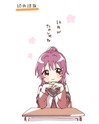 1girl ahoge blush_stickers brown_sailor_collar closed_mouth commentary_request desk highres layered_sleeves long_hair long_sleeves looking_to_the_side namori nanamori_school_uniform ponytail purple_eyes purple_hair sailor_collar school_desk school_uniform shirt short_over_long_sleeves short_sleeves simple_background smile solo sugiura_ayano translation_request upper_body white_background white_shirt yuruyuri