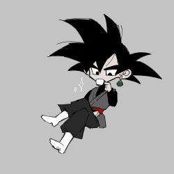 1boy black_bodysuit black_eyes black_hair black_pants bodysuit boots chibi cup dougi dragon_ball dragon_ball_super drinking drinking_tea earrings goku_black jewelry long_sleeves looking_at_object looking_down pants potara_earrings red_sash saiyan sash solo spiked_hair tea teacup v621 white_footwear