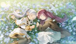2girls absurdres artist_name belt belt_buckle black_cloak black_footwear black_pantyhose blunt_bangs boots brown_footwear buckle capelet cloak closed_eyes closed_mouth commentary_request dress earrings elf fern_(sousou_no_frieren) field flower flower_field frieren gold_trim guzangnanfeng hair_ornament half_updo highres holding holding_flower hood hood_down jacket jewelry long_dress long_hair long_sleeves lying multiple_girls on_grass on_ground on_side outdoors pantyhose parted_bangs parted_lips pointy_ears purple_hair shirt skirt sleeping sousou_no_frieren striped_clothes striped_shirt teardrop_earrings twintails twitter_username very_long_hair white_capelet white_dress white_hair white_jacket white_skirt