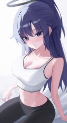 1girl absurdres black_pants blue_archive blush breasts cleavage closed_mouth collarbone commentary halo highres long_hair looking_at_viewer medium_breasts midriff navel pants purple_eyes purple_hair red_pupils sei_(0724sei6) simple_background sitting solo sports_bra stomach very_long_hair white_background white_sports_bra yuuka_(blue_archive)