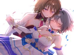 2girls akasaka_miyuki blue_feathers breasts brown_hair cleavage closed_eyes detached_sleeves earrings feathers grey_hair hand_on_another&#039;s_hip highres higurashi_no_naku_koro_ni higurashi_no_naku_koro_ni_mei holding_hands jewelry kimiyoshi_kazuho ma_(aaayabaina111) multiple_girls pink_feathers purple_eyes purple_robe robe short_hair simple_background smile white_background white_robe yuri