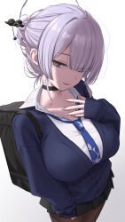 1girl bag black_bag black_choker black_skirt blue_necktie blue_sweater_vest breasts brown_pantyhose choker collarbone collared_shirt commentary_request grey_hair grey_halo hair_ornament hair_over_one_eye hair_stick halo hickey highres itokonoue_kaoru jfjf large_breasts long_sleeves looking_at_viewer necktie pantyhose pleated_skirt project_kv school_bag school_uniform shirt skirt solo standing sweater_vest white_shirt