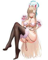 1girl absurdres animal_collar animal_ears animal_hands ass asuna_(blue_archive) bare_shoulders black_thighhighs blonde_hair blue_archive blue_eyes blue_halo breasts cleavage collar collarbone cosplay crossed_legs fake_animal_ears fur-trimmed_legwear fur-trimmed_thighhighs fur_bikini fur_trim gloves hair_over_one_eye halo highres large_breasts leash long_hair looking_at_viewer mash_kyrielight mash_kyrielight_(dangerous_beast) mash_kyrielight_(dangerous_beast)_(cosplay) paw_gloves raurashun revealing_clothes smile solo thighhighs thighs very_long_hair wolf_ears