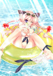 1girl aiming aiming_at_viewer animal_ears arm_ribbon barefoot bikini bikini_pull braid clothes_pull eyewear_on_head female_focus flower hair_flower hair_ornament hibiscus innertube long_hair looking_at_viewer niko niko_(azurite) one_eye_closed pink_hair purple_eyes ribbon side_braid solo spread_legs sunglasses swim_ring swimsuit twin_braids water water_gun