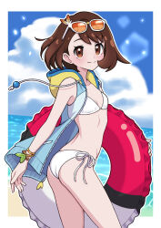 Rule 34 | 1girl, ass, beach, bikini, blue sky, breasts, brown eyes, brown hair, closed mouth, cloud, day, eyewear on head, gloria (pokemon), highres, holding, holding swim ring, hood, hooded jacket, innertube, jacket, nintendo, ocean, open clothes, open jacket, outdoors, poke ball theme, pokemon, pokemon swsh, short hair, sky, small breasts, smile, solo, sunglasses, swim ring, swimsuit, white bikini, yuu (jgvj7873)