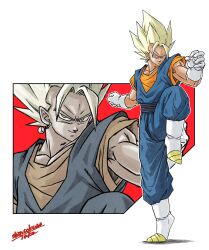 Rule 34 | 1boy, blonde hair, boots, commentary request, dragon ball, dragonball z, earrings, full body, furrowed brow, gloves, green eyes, highres, jewelry, male focus, muscular, muscular male, potara earrings, shinsokunotaka, signature, smile, solo, standing, standing on one leg, super saiyan, super saiyan 1, vegetto, white boots, white gloves, zoom layer