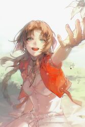 Rule 34 | 1girl, aerith gainsborough, artist request, braid, braided ponytail, breasts, brown hair, chinese commentary, choker, cleavage, commentary request, commission, dress, final fantasy, final fantasy vii, flower, green eyes, hair ribbon, highres, jacket, long hair, looking up, on grass, open mouth, outdoors, outstretched hand, parted bangs, pink dress, pink ribbon, red jacket, ribbon, second-party source, sitting, smile, solo