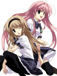 2girls antenna_hair between_legs black_headband black_pantyhose black_thighhighs blonde_hair bow bowtie breasts chaos;head chaos;head_love_chu_chu! collared_shirt ears_visible_through_hair hairband hand_between_legs headband highres kneeling long_hair looking_at_viewer miniskirt multiple_girls necktie nishijou_nanami official_art one_eye_closed open_mouth pantyhose petticoat pink_eyes pink_hair plaid_bow plaid_bowtie plaid_clothes plaid_necktie plaid_skirt plaid_sleeves purple_eyes ribbon sakihata_rimi sasaki_mutsumi school_emblem school_uniform shirt short_sleeves sitting skirt smile stray_hair suimei_academy suimei_school_uniform suimei_summer_uniform teeth thighhighs tongue upper_teeth_only white_petticoat white_shirt