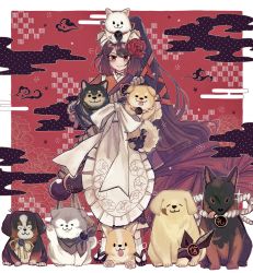 1girl animal animal_on_head apron bernese_mountain_dog brown_hair dog dog_on_head egasumi fate/grand_order fate_(series) flower german_shepherd golden_retriever hair_flower hair_ornament highres holding holding_animal holding_dog husky japanese_clothes kimono kyokutei_bakin_(fate) kyokutei_bakin_(first_ascension)_(fate) long_hair multiple_dogs on_head ponytail red_background red_eyes samoyed_(dog) shiba_inu smile too_many too_many_dogs very_long_hair welsh_corgi
