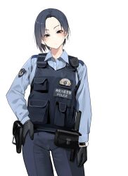 1girl black_eyes black_gloves black_hair black_pants blue_shirt bulletproof_vest collared_shirt commentary_request gloves hand_on_own_hip highres holster japan_national_police looking_at_viewer original pants police police_uniform policewoman pouch samazuka_mashiro shirt short_hair simple_background solo walkie-talkie watch white_background wristwatch