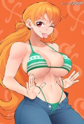 Rule 34 | 1girl, bikini, bikini lift, breasts, cleavage, clothes lift, curvy, denim, flytrapxx, highres, jeans, large breasts, legs, long hair, low ponytail, midriff, nami (one piece), navel, one eye closed, one piece, orange eyes, orange hair, pants, ponytail, smile, swimsuit, teasing, thick thighs, thighs, thong bikini, tongue, tongue out, unbuttoned, unzipped, wide hips, wink