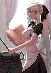 1girl absurdres alternate_costume apron backless_dress backless_outfit bare_back black_bow black_dress blue_eyes blush book bow braid breasts center_opening cleavage dress enmaided fate/grand_order fate_(series) frieren frilled_apron frills grey_hair hair_bow half_up_braid highres large_breasts long_hair long_sleeves longdq3008 looking_at_viewer maid maid_apron maid_headdress morgan_le_fay_(fate) open_book ponytail puffy_short_sleeves puffy_sleeves short_sleeves sidelocks solo sousou_no_frieren two-tone_dress very_long_hair waist_apron white_apron witch wrist_cuffs
