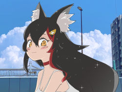 1girl animal_ear_fluff animal_ears black_hair blue_sky blush brown_eyes building choker commentary_request day from_side hair_ornament hololive kani_bonara lamppost long_hair looking_at_viewer multicolored_hair ookami_mio outdoors red_choker red_hair sky smile solo streaked_hair upper_body virtual_youtuber wolf_ears wolf_girl