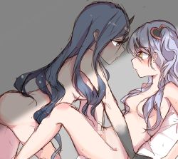 2girls black_hair blue_eyes blush breasts colored_skin commentary_request from_side grey_hair grey_skin hair_between_eyes hair_ornament heart heart_hair_ornament highres knight_of_despair lobotomy_corporation long_hair looking_at_another makihako_bunko medium_breasts multiple_girls nude open_mouth project_moon queen_of_hatred saliva saliva_trail sketch small_breasts yellow_eyes yuri