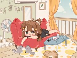 Rule 34 | 1girl, :3, :d, ahoge, air conditioner, animal ear fluff, animal ears, barefoot, black shirt, black shorts, blue eyes, blush stickers, brown hair, cat, commentary request, couch, cup, curtains, detached ahoge, dog ears, dog girl, drinking glass, drooling, electric fan, full body, hair ornament, hairclip, highres, indoors, leg up, long hair, lying, mamehinata, mouth drool, notamaru 2, on couch, on stomach, open mouth, parallel hairclips, plate, rug, shirt, short sleeves, shorts, smile, solo, spoon, table, vrchat